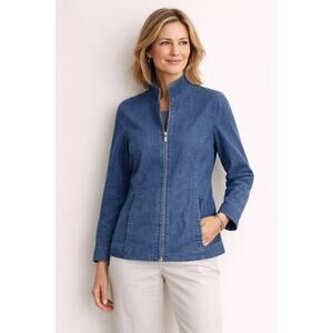 Eileen Fisher Denim Bomber Jacket Full Zip Casual Minimalist Capsule Blue Sz S